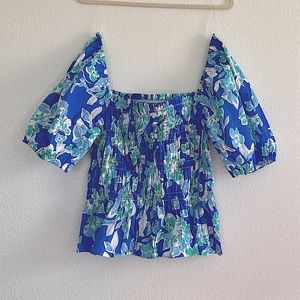 Blue floral smocked bust top, size 3X